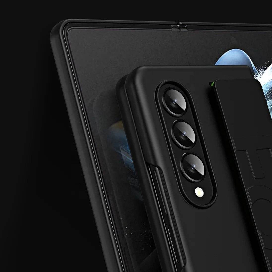 Samsung Galaxy Z Fold 3 Premium Perfect Grip Stand Holder Strap Design Shock Proof Mobile Cover - Black - Guleel