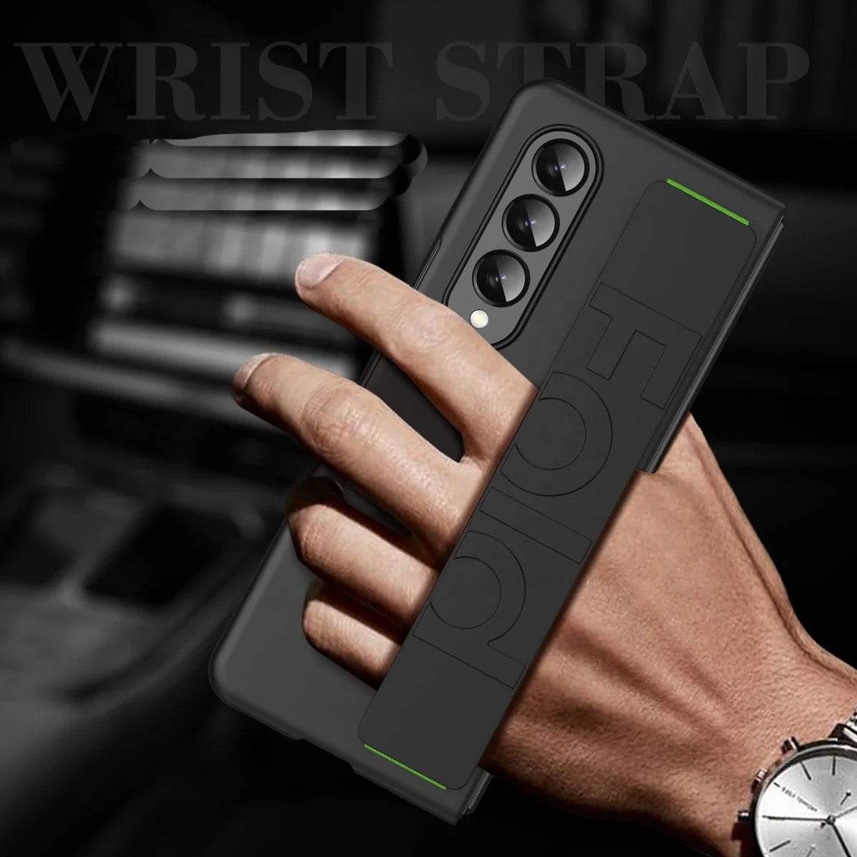 Samsung Galaxy Z Fold 4 Premium Perfect Grip Stand Holder Strap Design Shock Proof Mobile Cover - Black - Guleel