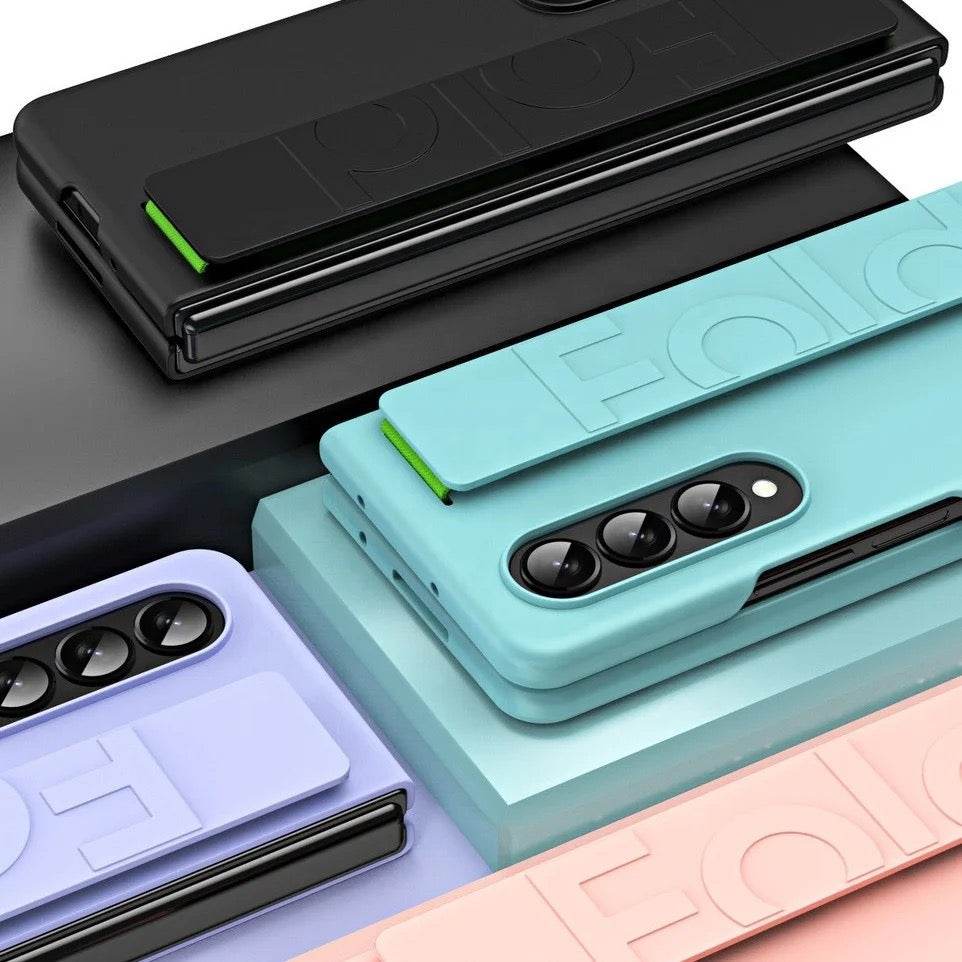 Samsung Galaxy Z Fold 4 Premium Perfect Grip Stand Holder Strap Design Shock Proof Mobile Cover - Black - Guleel