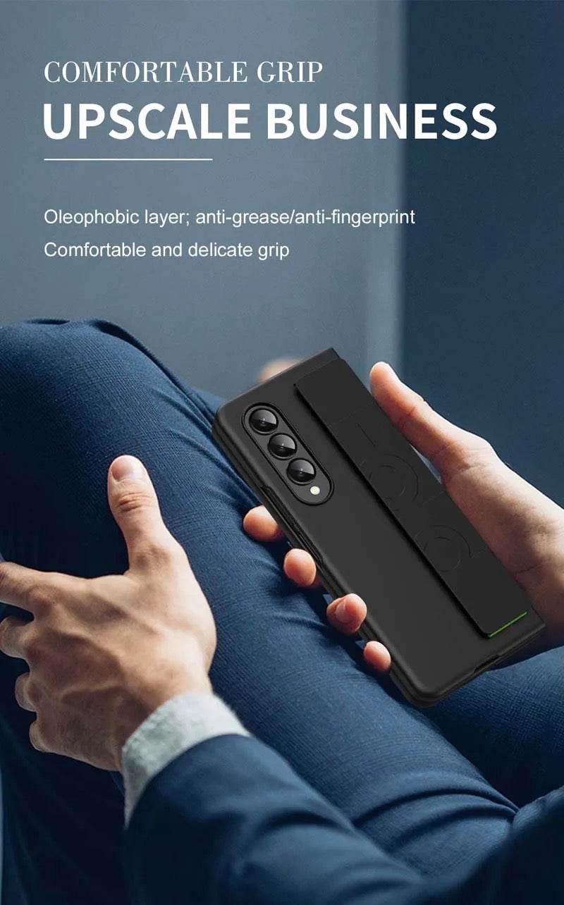 Samsung Galaxy Z Fold 3 Premium Perfect Grip Stand Holder Strap Design Shock Proof Mobile Cover - Black - Guleel