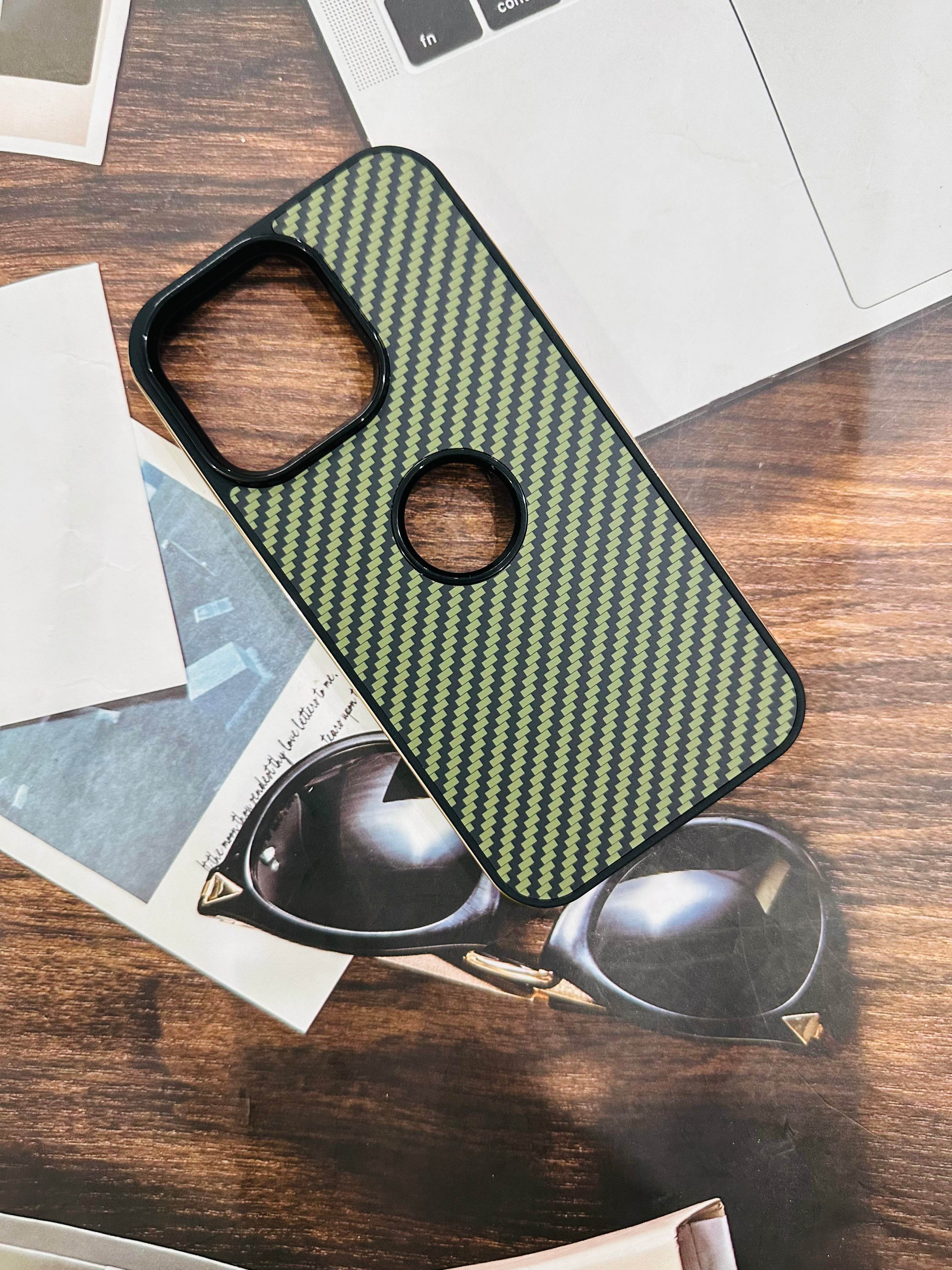 iPhone 14 Premium Carbon Fibre Shock Proof Mobile Cover - Black Green - Guleel