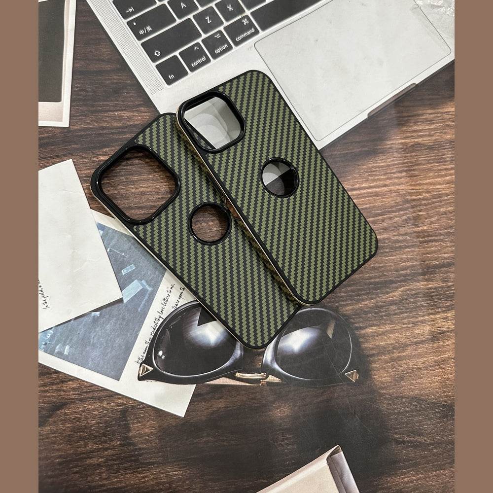 iPhone 13 Premium Carbon Fibre Shock Proof Mobile Cover - Black Green - Guleel