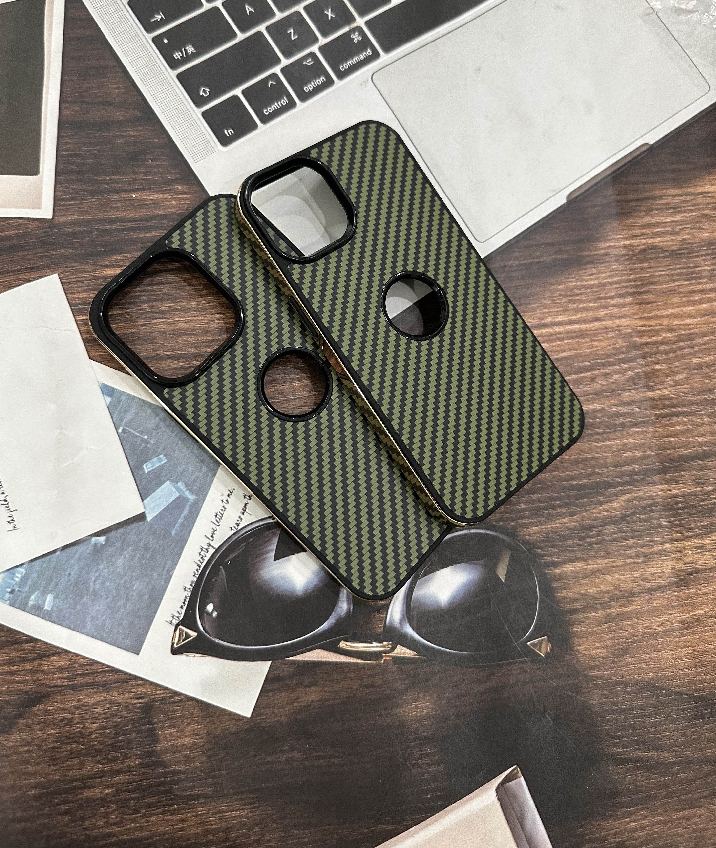 iPhone 14 Premium Carbon Fibre Shock Proof Mobile Cover - Black Green - Guleel