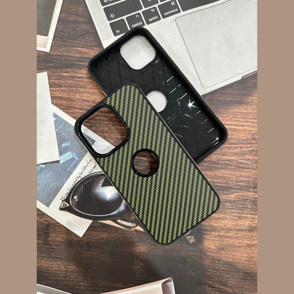 iPhone 13 Premium Carbon Fibre Shock Proof Mobile Cover - Black Green - Guleel