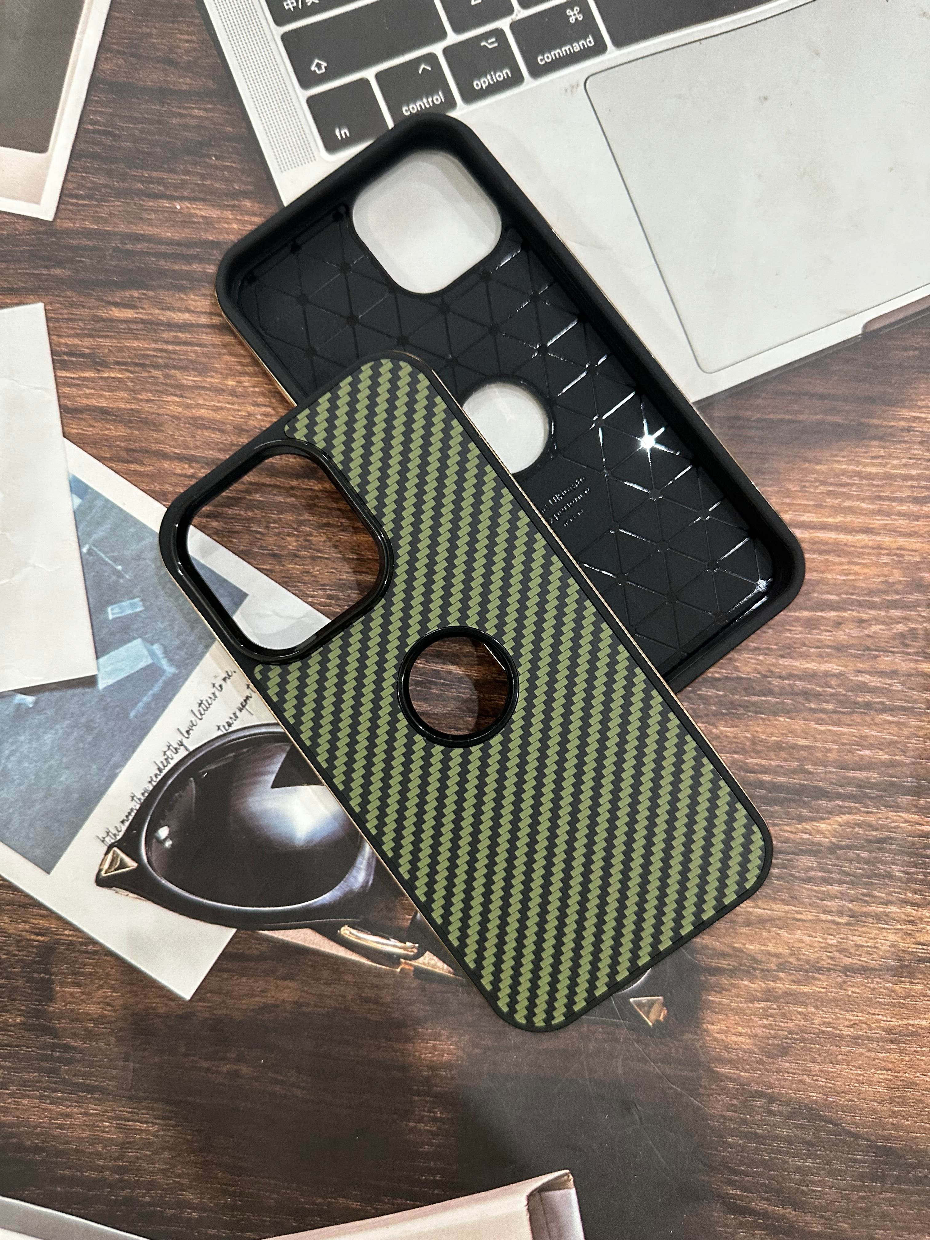 iPhone 14 Premium Carbon Fibre Shock Proof Mobile Cover - Black Green - Guleel