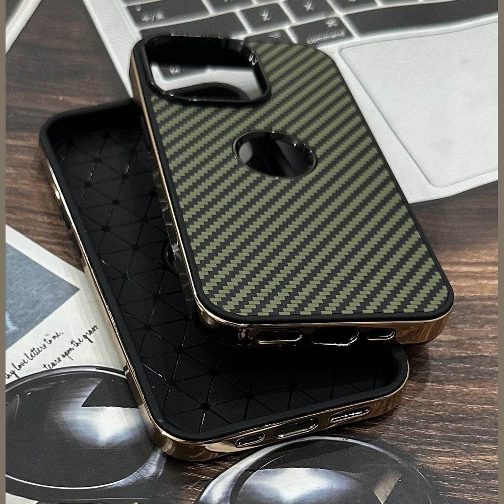 iPhone 13 Premium Carbon Fibre Shock Proof Mobile Cover - Black Green - Guleel