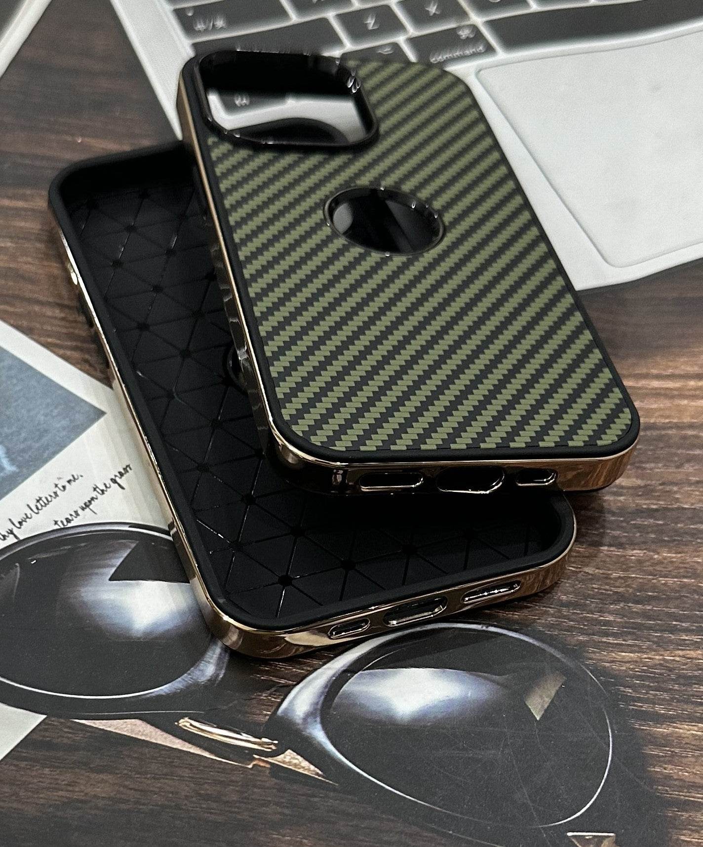 iPhone 14 Premium Carbon Fibre Shock Proof Mobile Cover - Black Green - Guleel