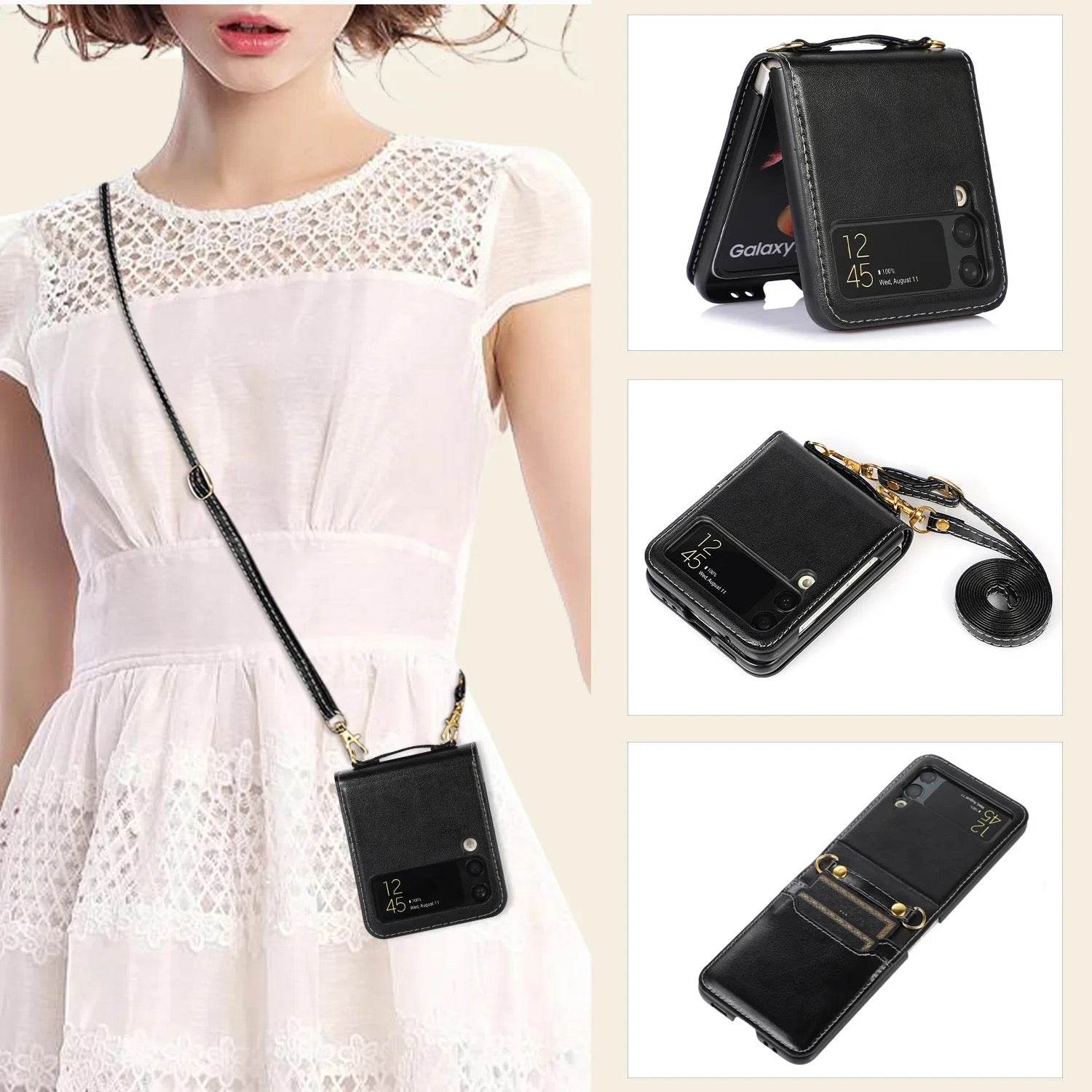 Samsung Galaxy Z Flip 3 Premium Leather Flip Wallet with Cross Body Strap Case - Black - Guleel