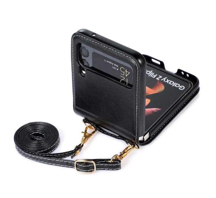 Samsung Galaxy Z Flip 4 Premium Leather Flip Wallet with Cross Body Strap Case - Black - Guleel