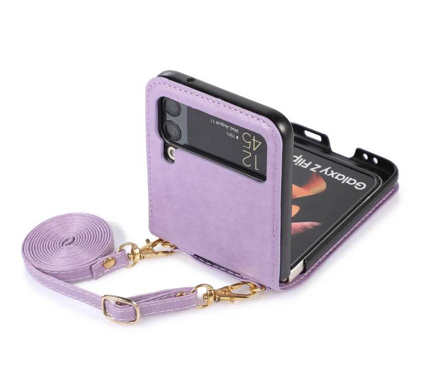 Samsung Galaxy Z Flip 4 Premium Leather Flip Wallet with Cross Body Strap Case - Dark Purple - Guleel