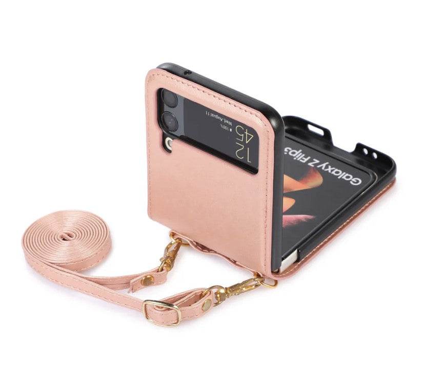 Samsung Galaxy Z Flip 3 Premium Leather Flip Wallet with Cross Body Strap Case - Rose Gold - Guleel