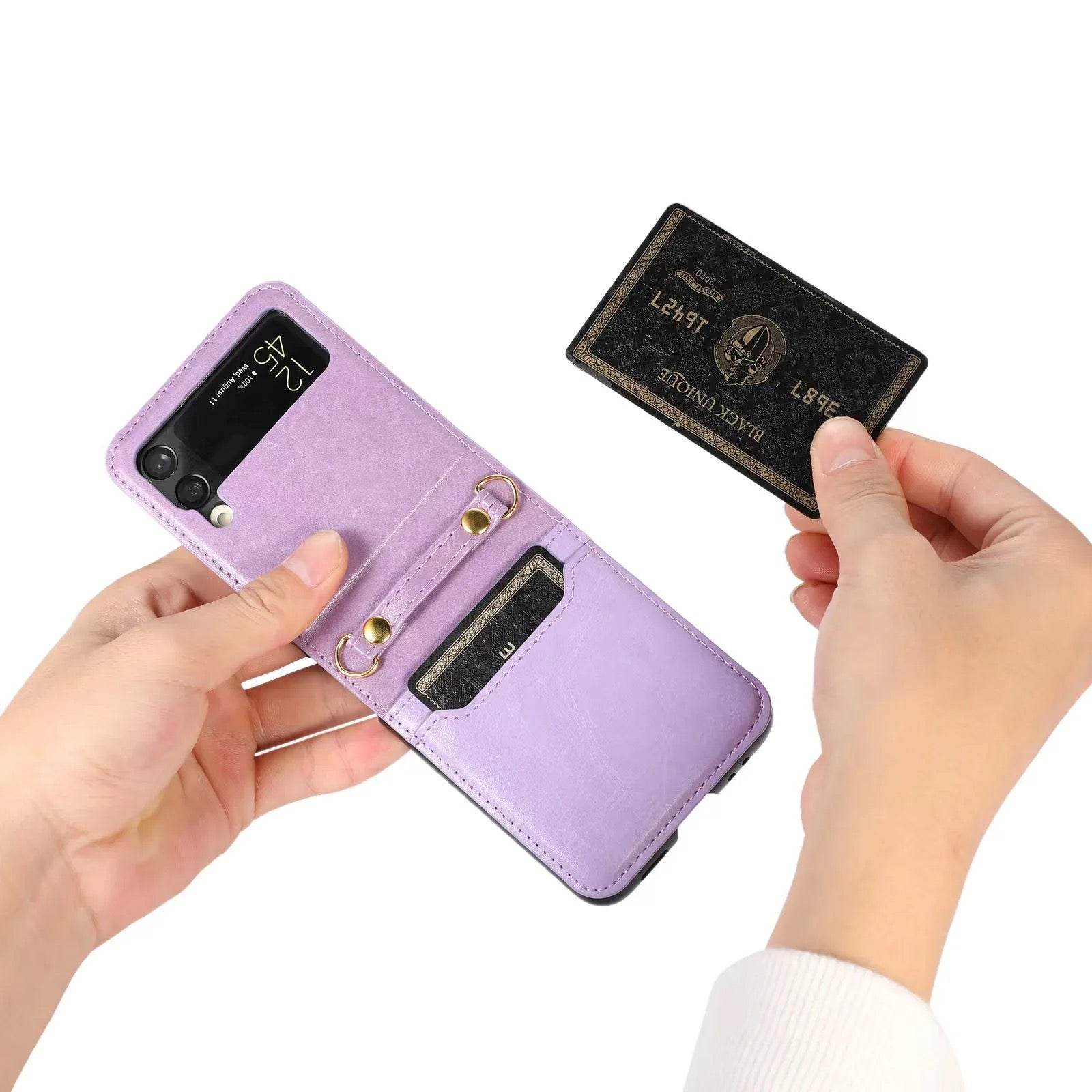Samsung Galaxy Z Flip 4 Premium Leather Flip Wallet with Cross Body Strap Case - Dark Purple - Guleel