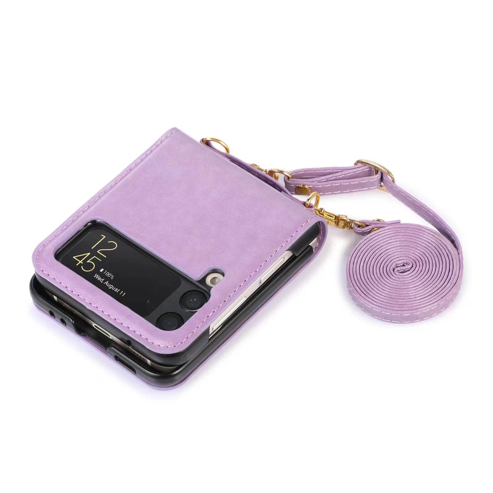 Samsung Galaxy Z Flip 3 Premium Leather Flip Wallet with Cross Body Strap Case - Dark Purple - Guleel