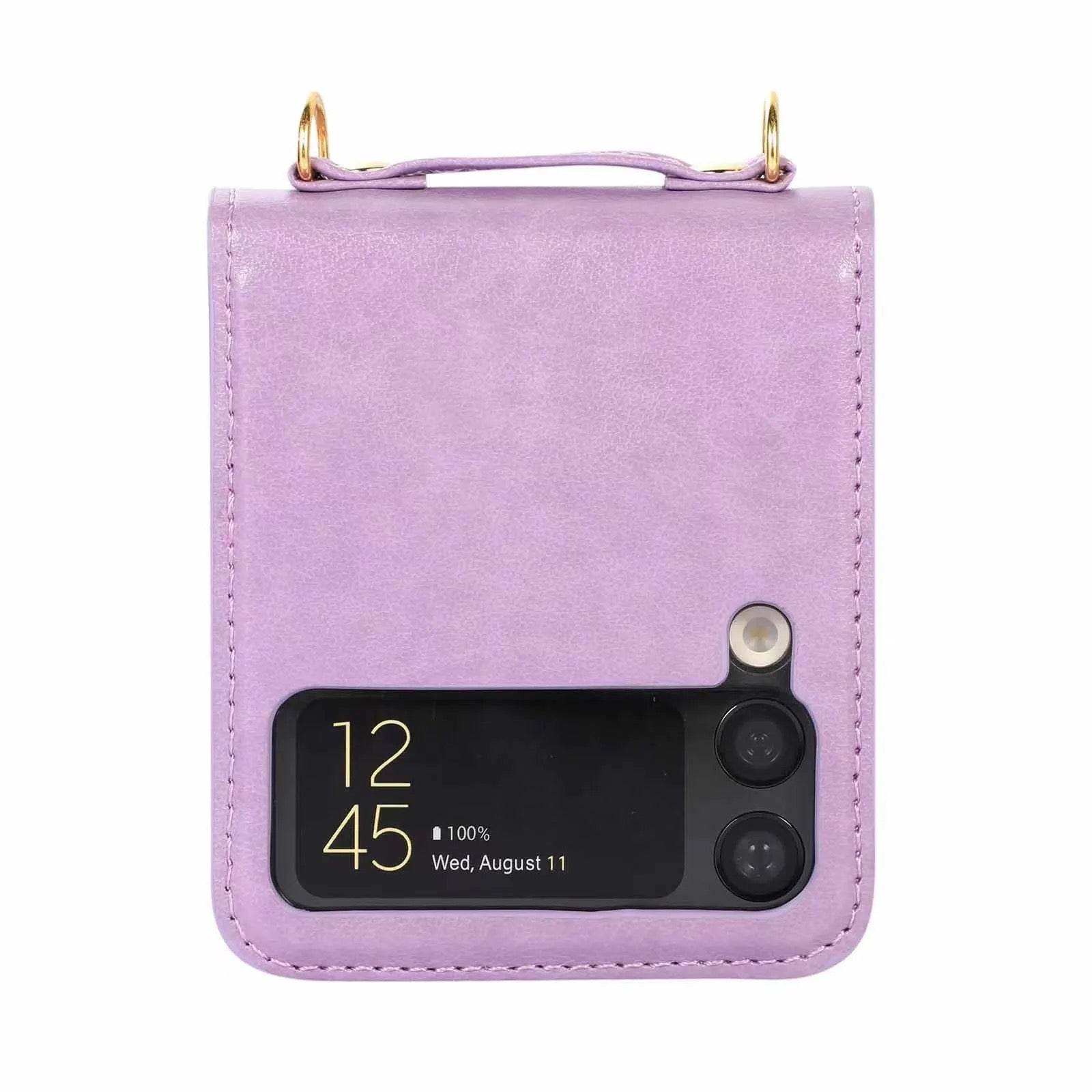 Samsung Galaxy Z Flip 3 Premium Leather Flip Wallet with Cross Body Strap Case - Dark Purple - Guleel