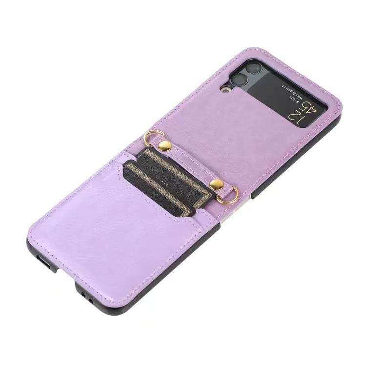 Samsung Galaxy Z Flip 3 Premium Leather Flip Wallet with Cross Body Strap Case - Dark Purple - Guleel