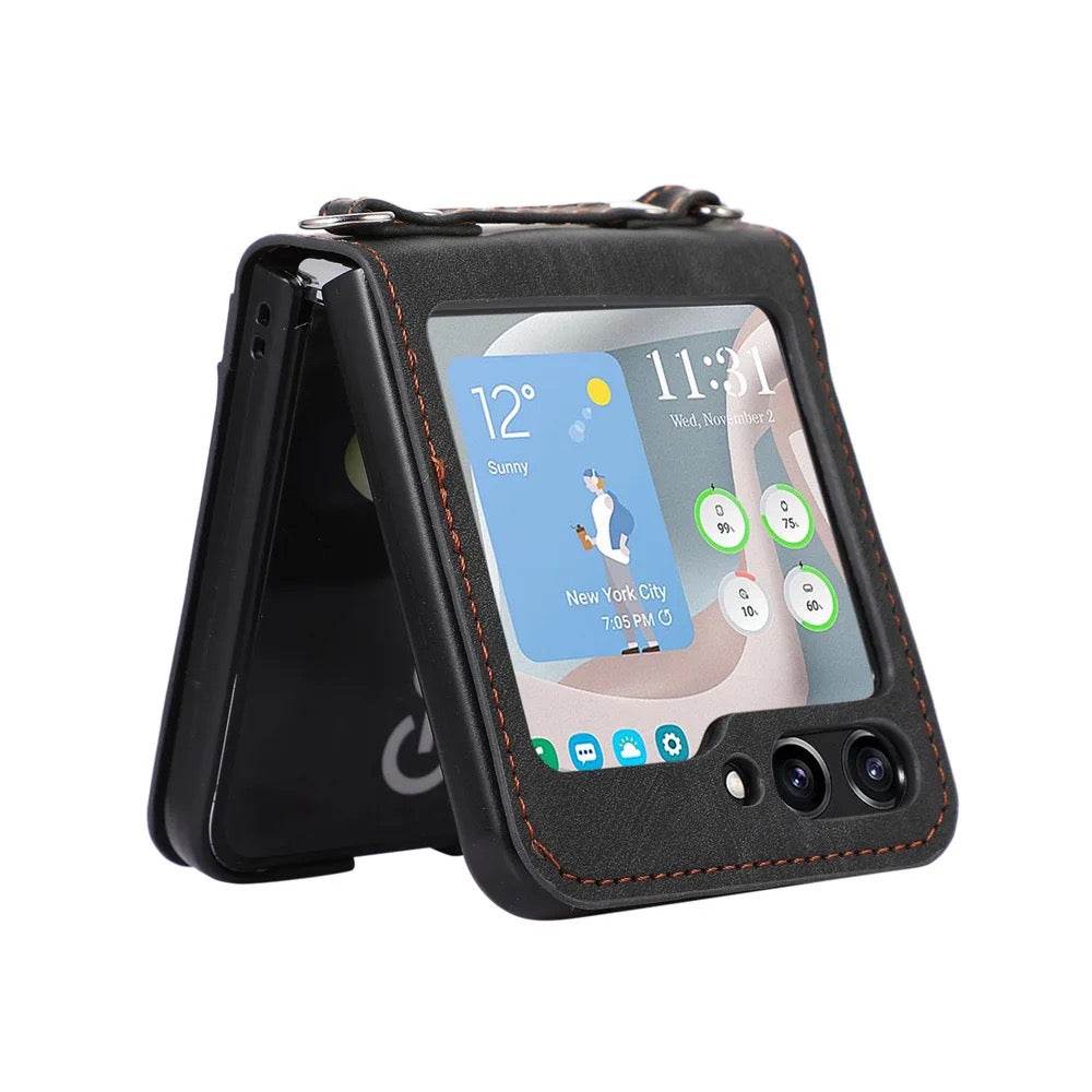 Samsung Galaxy Z Flip 3 Premium Leather Flip Wallet with Cross Body Strap Case - Dark Brown - Guleel