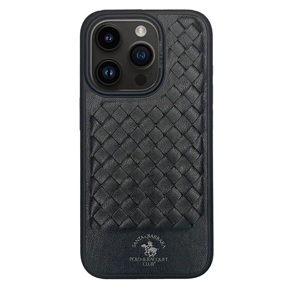 iPhone 15 Pro Max Premium Weaving Pattern Leather Case Cover - Black - Guleel