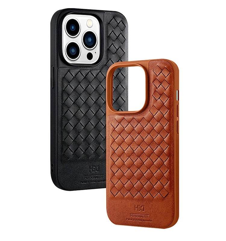 iPhone 15 Pro Max Premium Weaving Pattern Leather Case Cover - Black - Guleel
