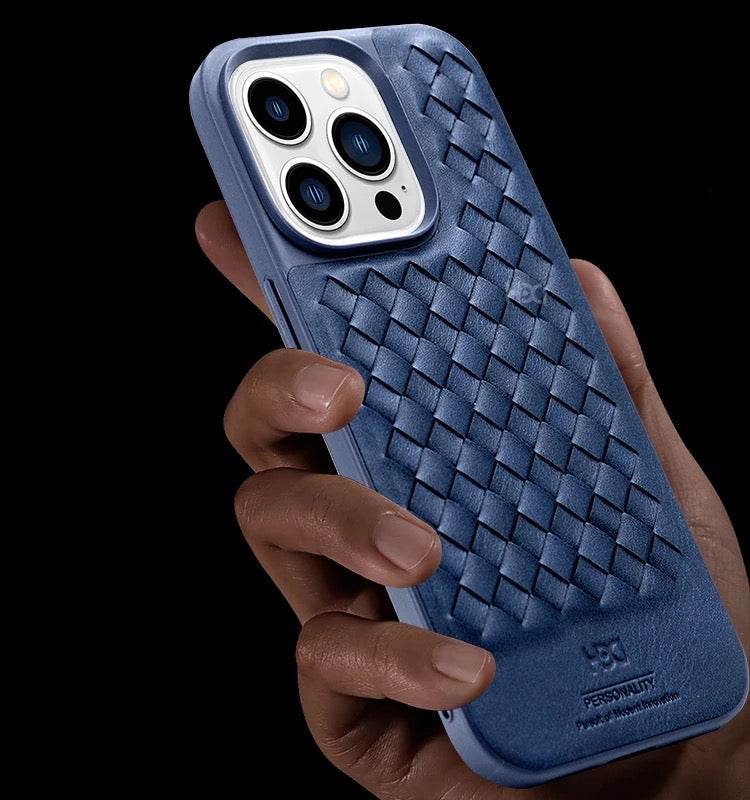iPhone 15 Pro Max Premium Weaving Pattern Leather Case Cover - Black - Guleel