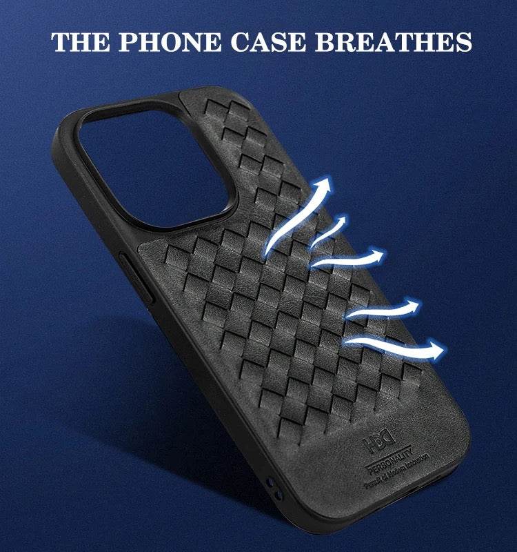 iPhone 15 Pro Max Premium Weaving Pattern Leather Case Cover - Black - Guleel