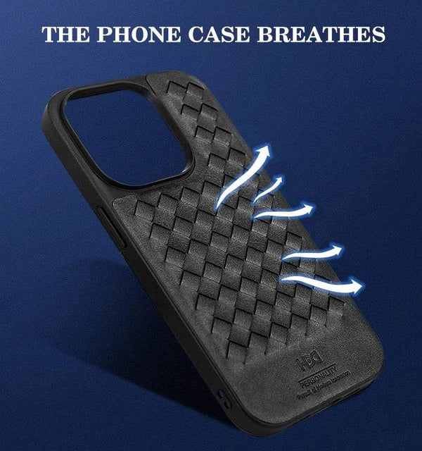 iPhone 15 Pro Max Premium Weaving Pattern Leather Case Cover - Black - Guleel