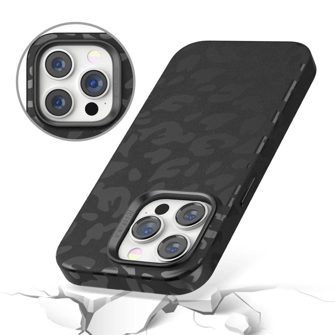 iPhone 15 Premium Puloka Leopard Print Shockproof Case - Black - Guleel