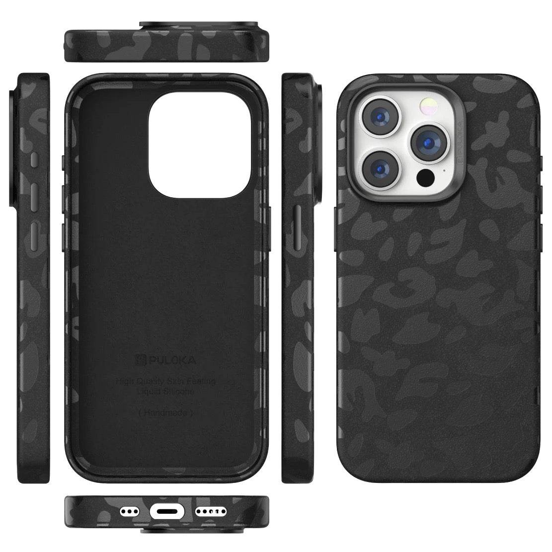 iPhone 15 Premium Puloka Leopard Print Shockproof Case - Black - Guleel