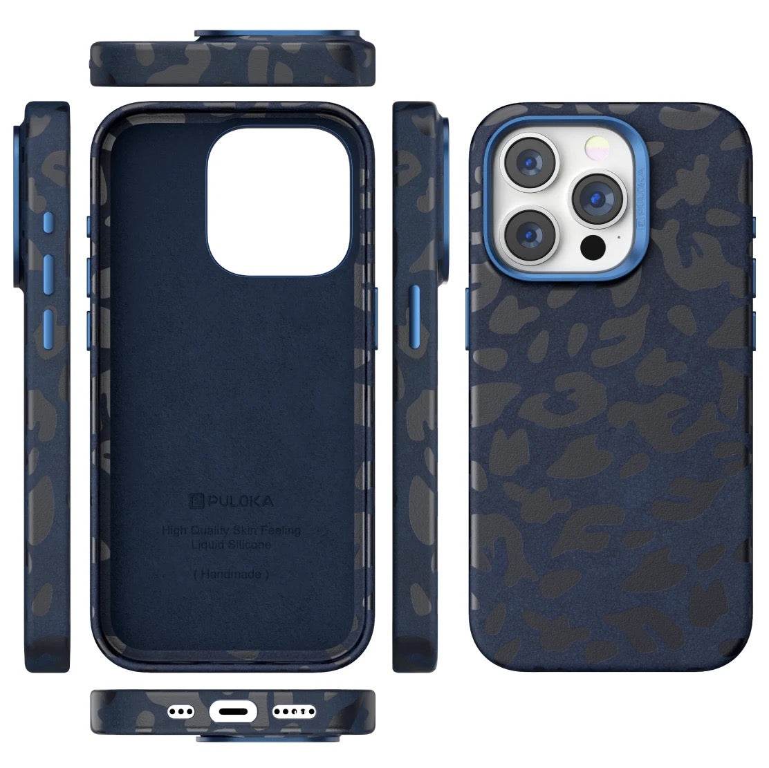 iPhone 15 Premium Puloka Leopard Print Shockproof Case - Blue - Guleel