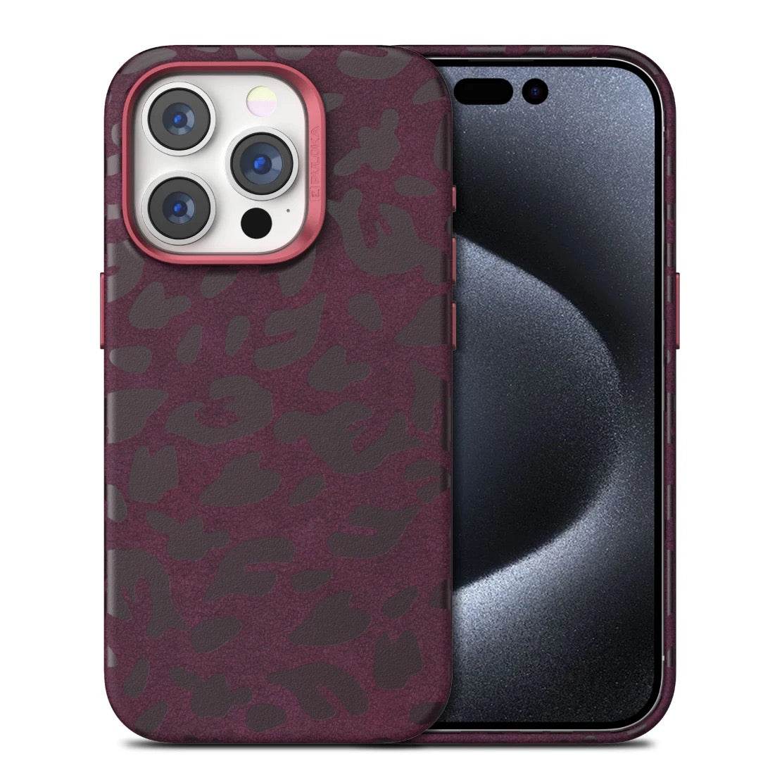 iPhone 15 Pro Premium Puloka Leopard Print Shockproof Case - Maroon - Guleel