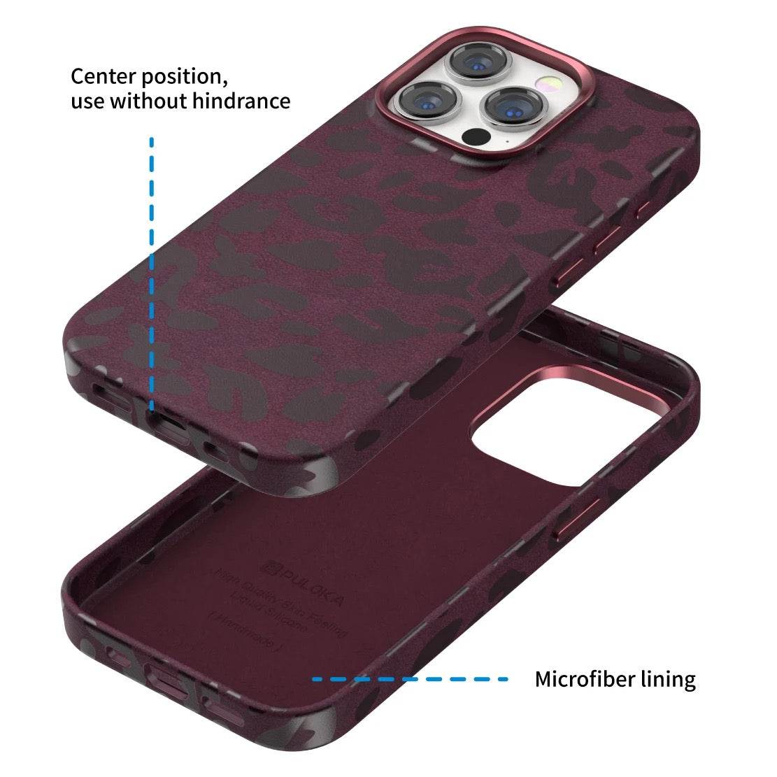 iPhone 15 Premium Puloka Leopard Print Shockproof Case - Maroon - Guleel