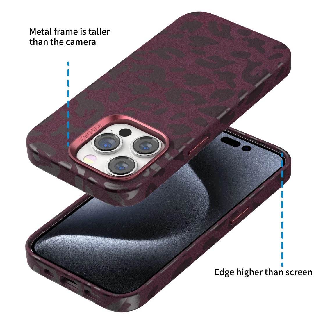 iPhone 15 Premium Puloka Leopard Print Shockproof Case - Maroon - Guleel