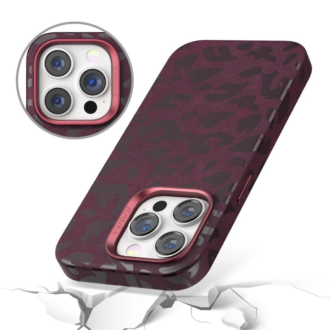 iPhone 15 Premium Puloka Leopard Print Shockproof Case - Maroon - Guleel