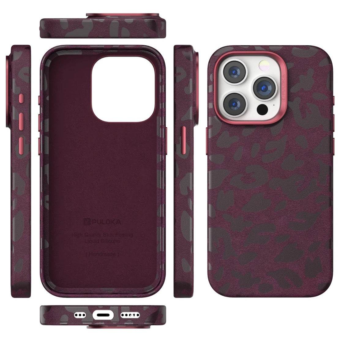 iPhone 15 Premium Puloka Leopard Print Shockproof Case - Maroon - Guleel