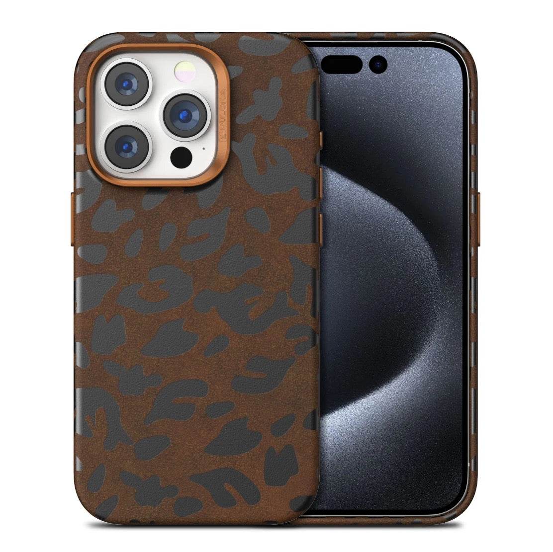 iPhone 15 Pro Premium Puloka Leopard Print Shockproof Case - Brown - Guleel