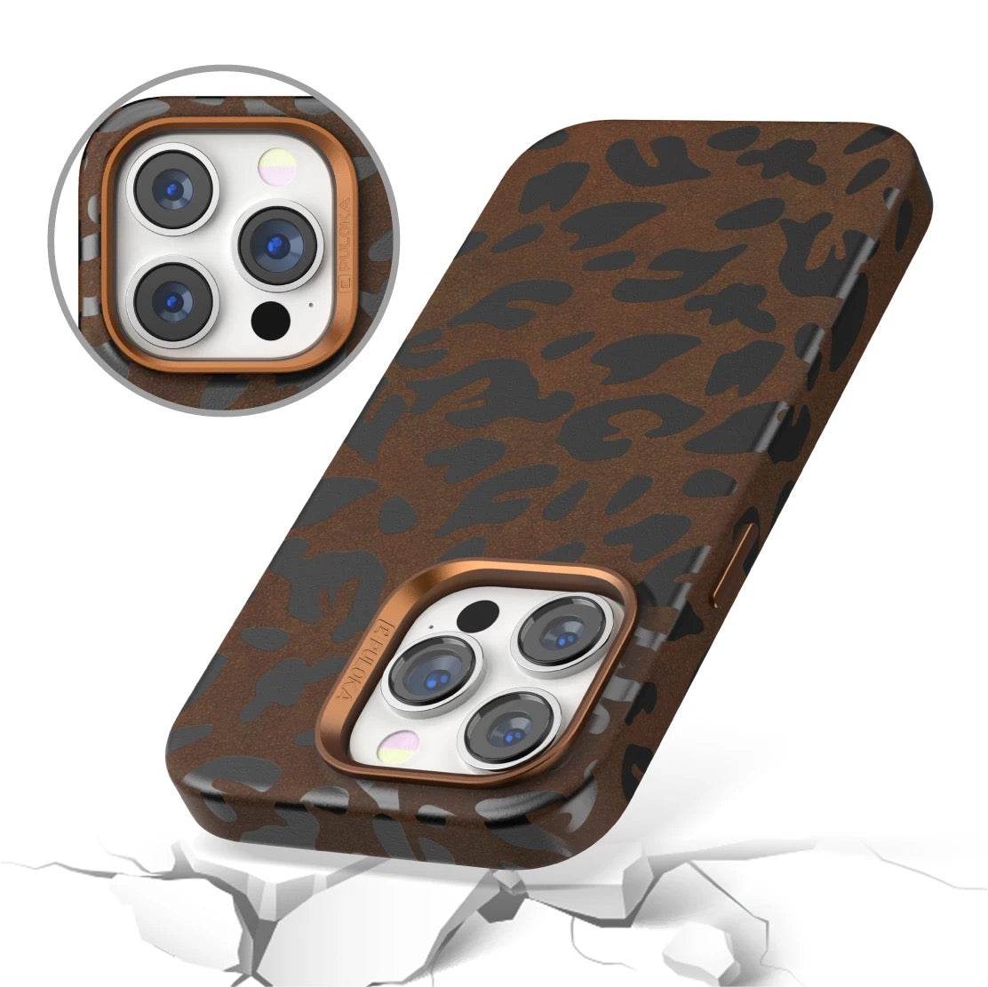 iPhone 15 Premium Puloka Leopard Print Shockproof Case - Brown - Guleel