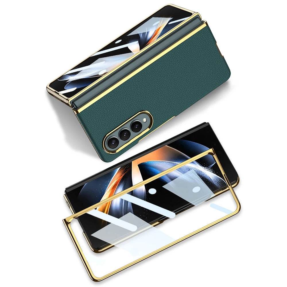 Galaxy Z Fold 3 Premium Leather Wallet Flip Shockproof Case with FREE Front Glass - Black - Guleel