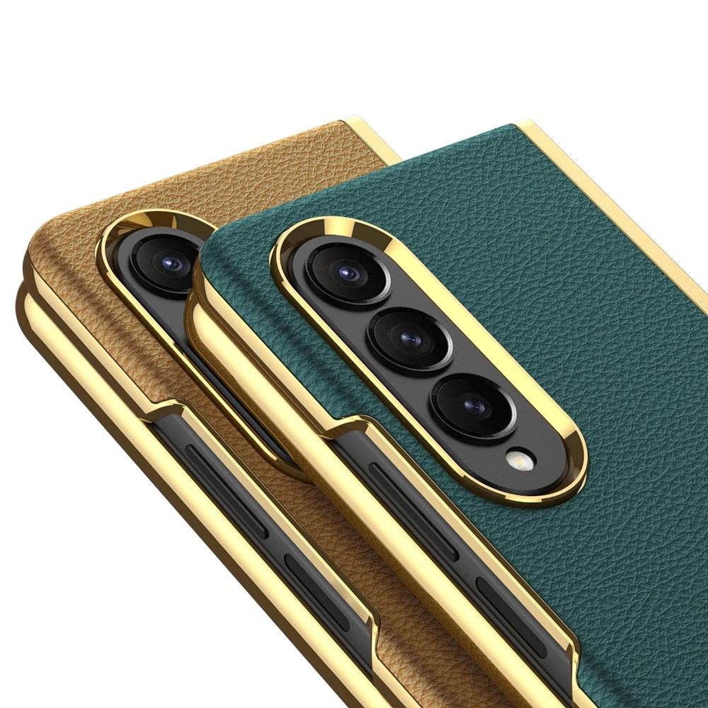 Galaxy Z Fold 4 Premium Leather Wallet Flip Shockproof Case with FREE Front Glass - Black - Guleel