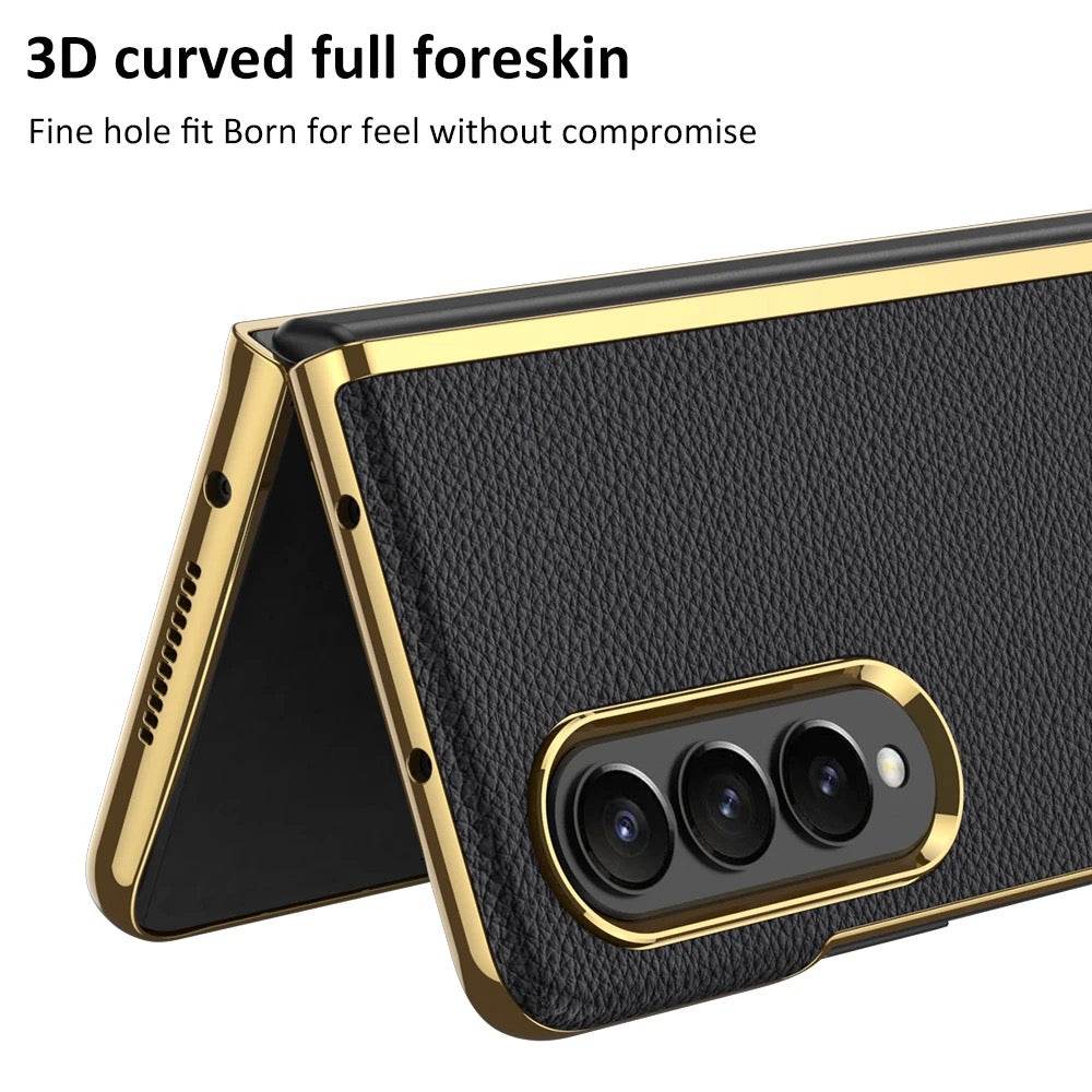 Galaxy Z Fold 4 Premium Leather Wallet Flip Shockproof Case with FREE Front Glass - Black - Guleel