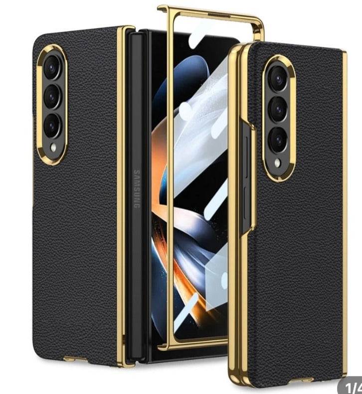 Galaxy Z Fold 3 Premium Leather Wallet Flip Shockproof Case with FREE Front Glass - Black - Guleel