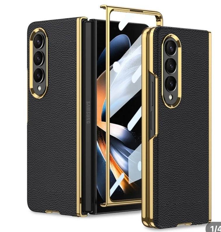 Galaxy Z Fold 4 Premium Leather Wallet Flip Shockproof Case with FREE Front Glass - Black - Guleel