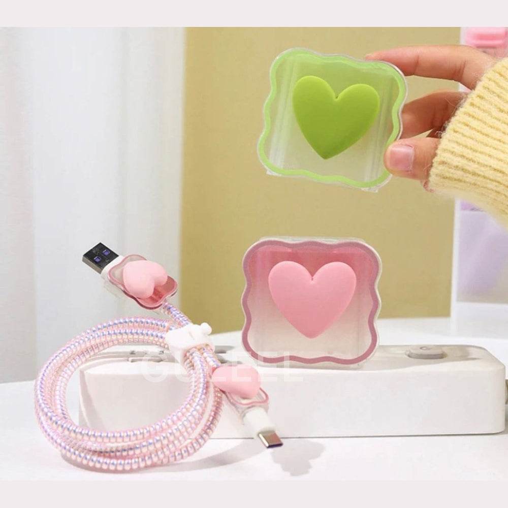 Silicone Cartoon iPhone 3D Heart Charger Case Cover for 18-20W Chargers - Pink (with Wire Cover) - Guleel