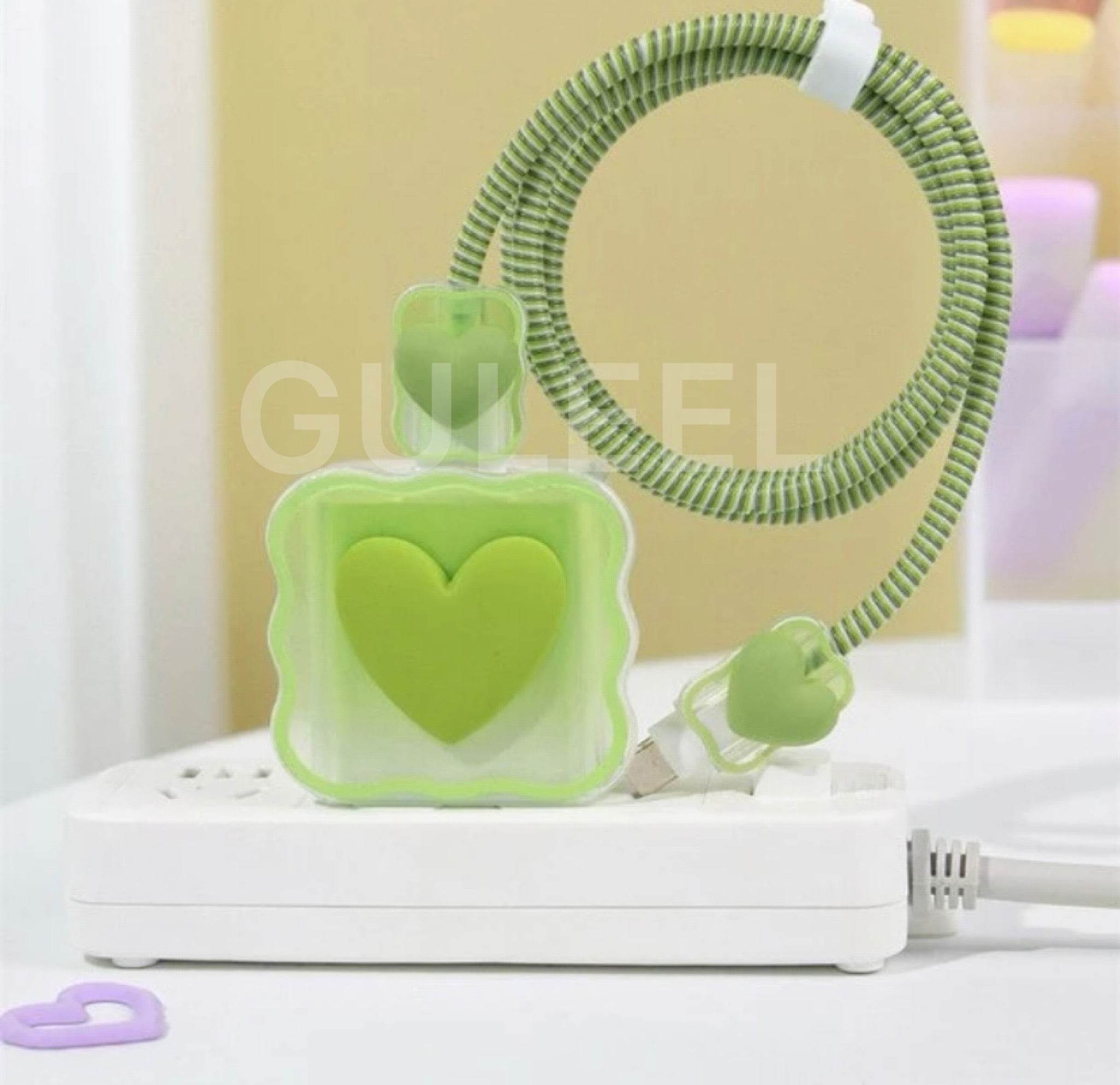 Silicone Cartoon iPhone 3D Heart Charger Case Cover for 18-20W Chargers - Light Green ( With Wire Cover ) - Guleel