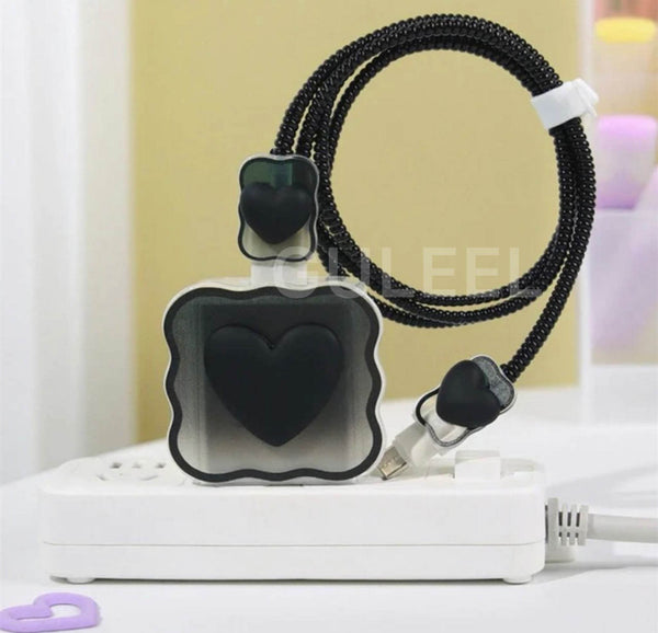 Silicone Cartoon iPhone 3D Heart Charger Case Cover for 18-20W Chargers - Black (with Wire Cover) - Guleel