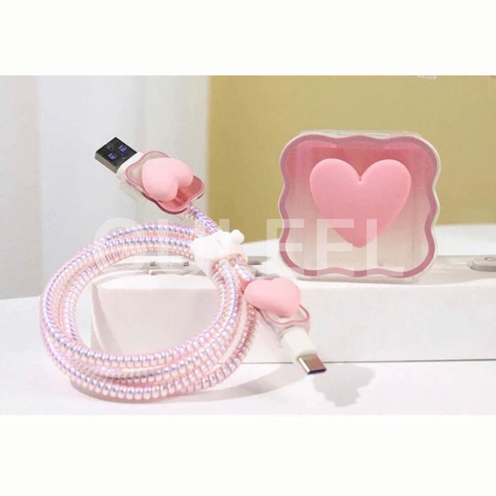 Silicone Cartoon iPhone 3D Heart Charger Case Cover for 18-20W Chargers - Pink (with Wire Cover) - Guleel