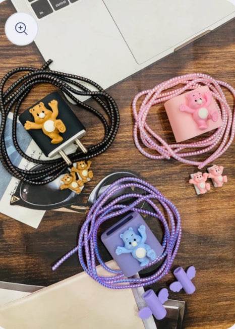 Silicone Cartoon iPhone 3D Teddy Bear Charger Case Cover for 18-20W Chargers - White (with Wire Cover) - Guleel
