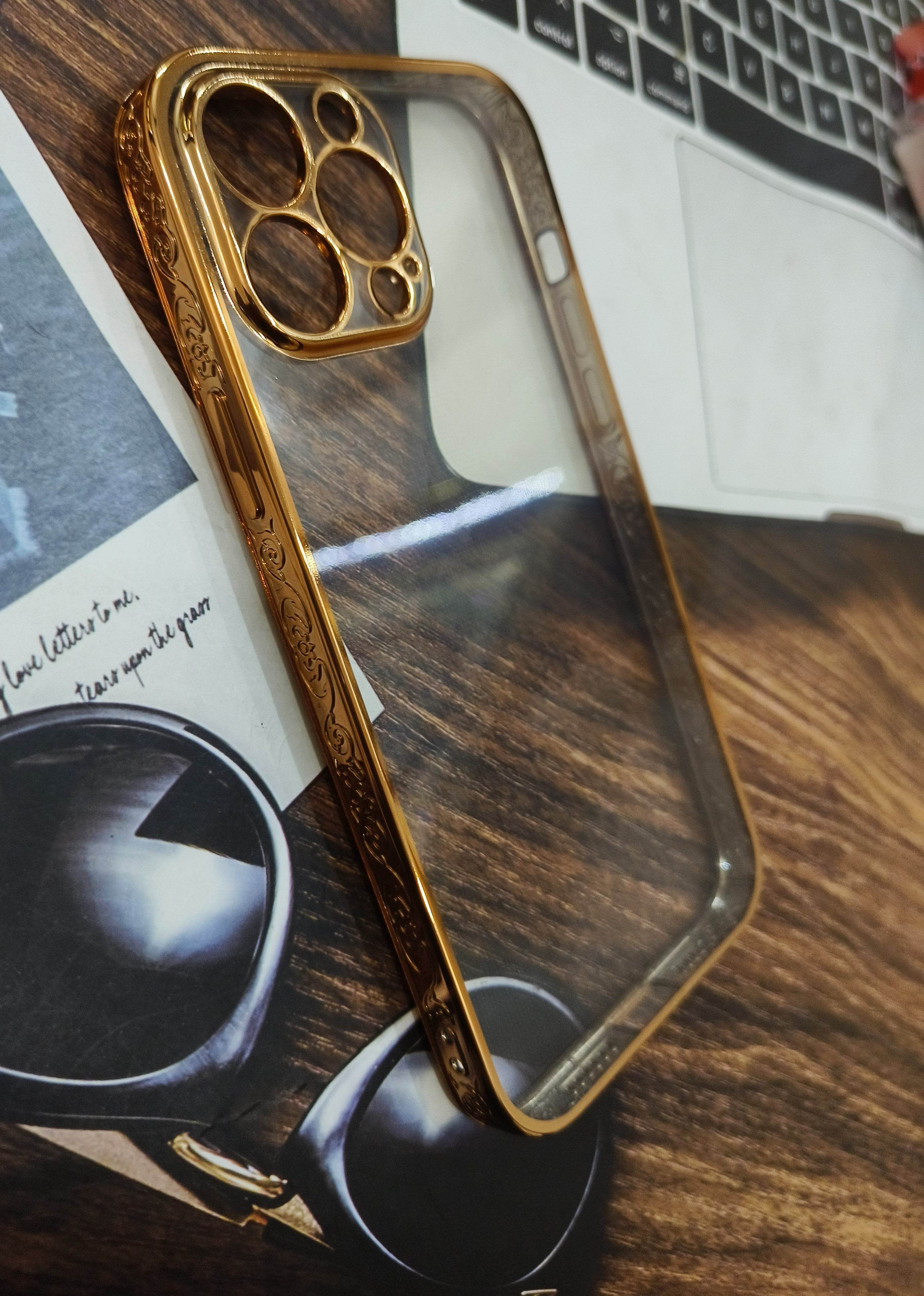 iPhone 13 Pro Max Premium Carving Shock Proof Transparent Case - Gold - Guleel