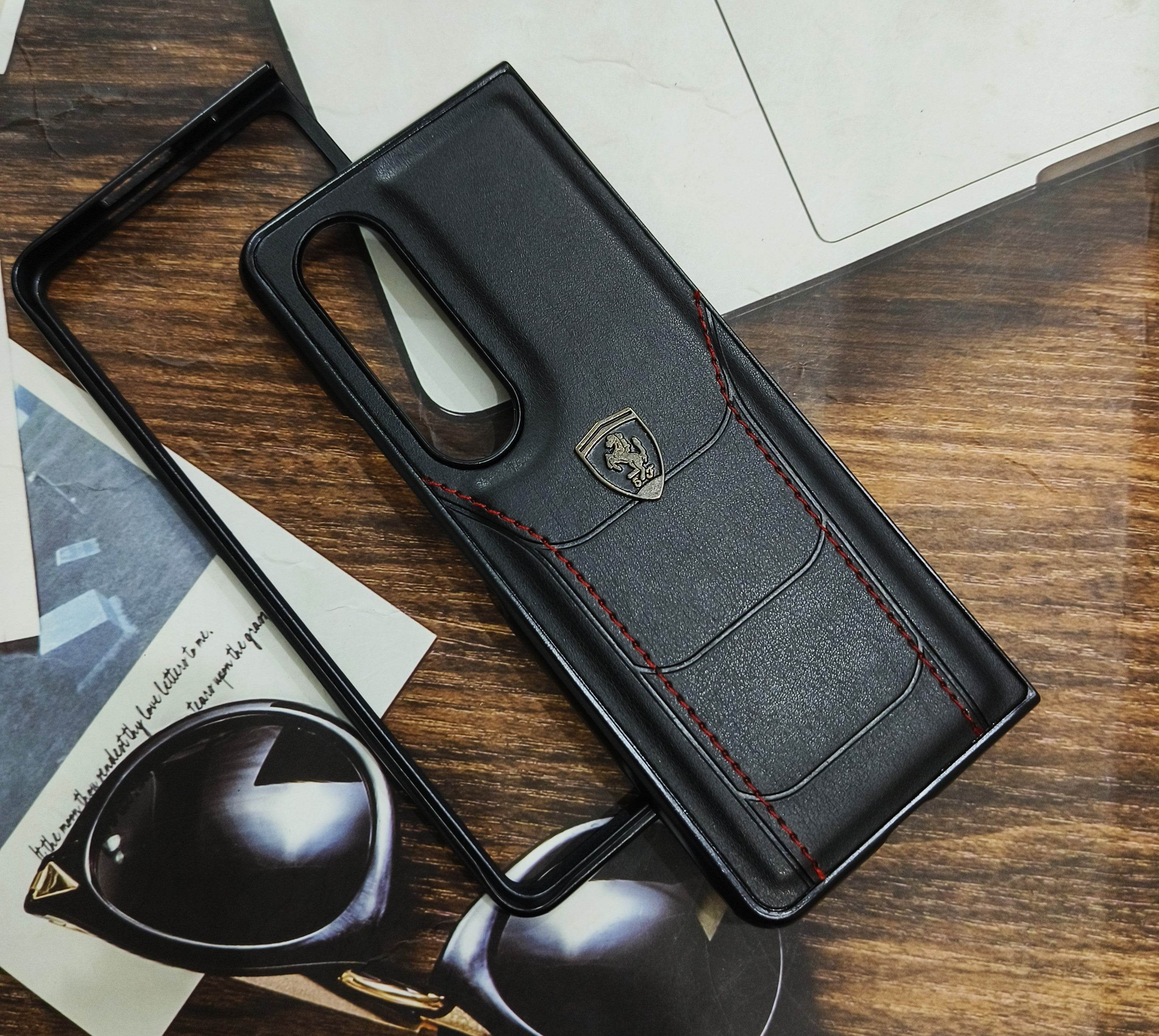 Samsung Z Fold 3 Premium Leather Finish Case Cover - Ferrari - Guleel