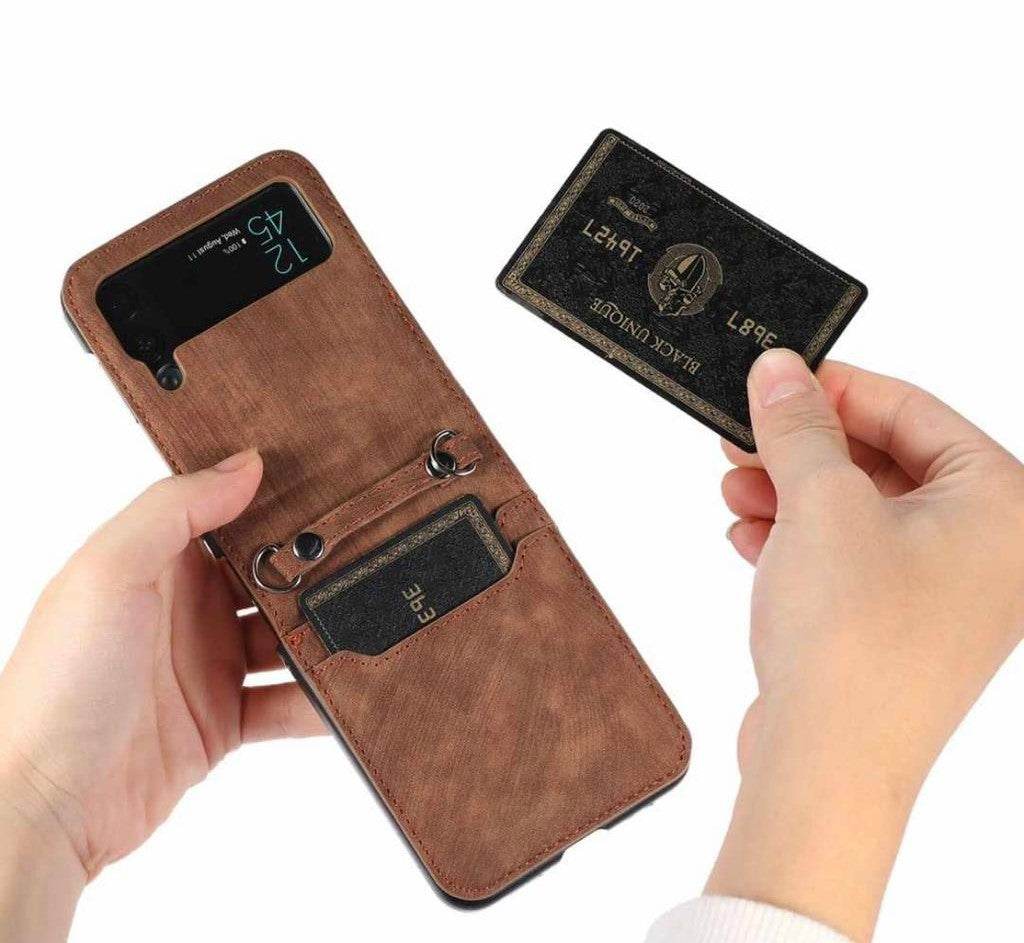 Samsung Galaxy Z Flip 3 Premium Leather Flip Wallet with Cross Body Strap Case - Dark Brown - Guleel