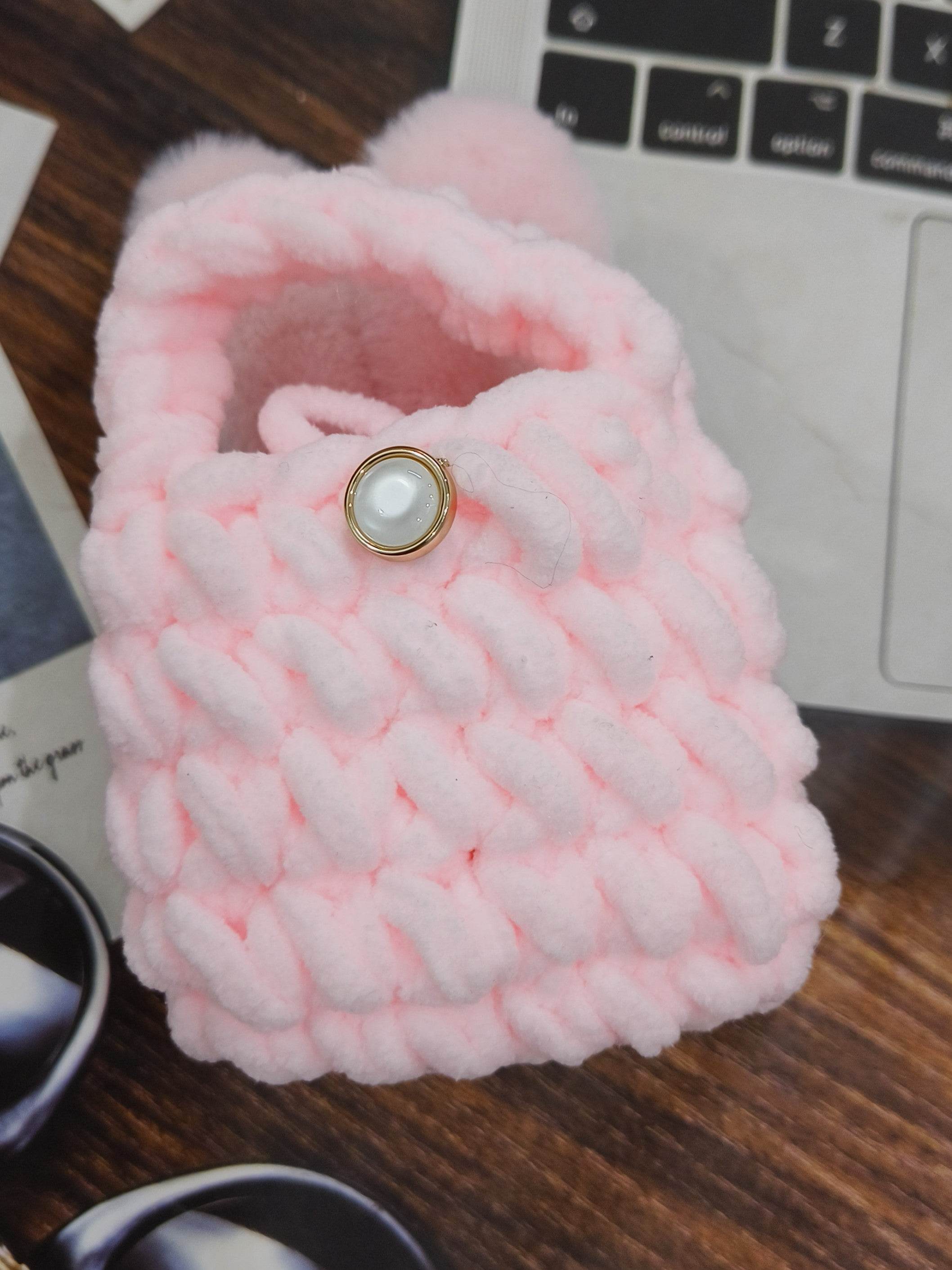 Universal Cartoon Accessories Crochet Bag Organizer Case Cover for Portable Charger, Cables, Earphone, Cord, SD Card -Furry Rose Gold - Guleel