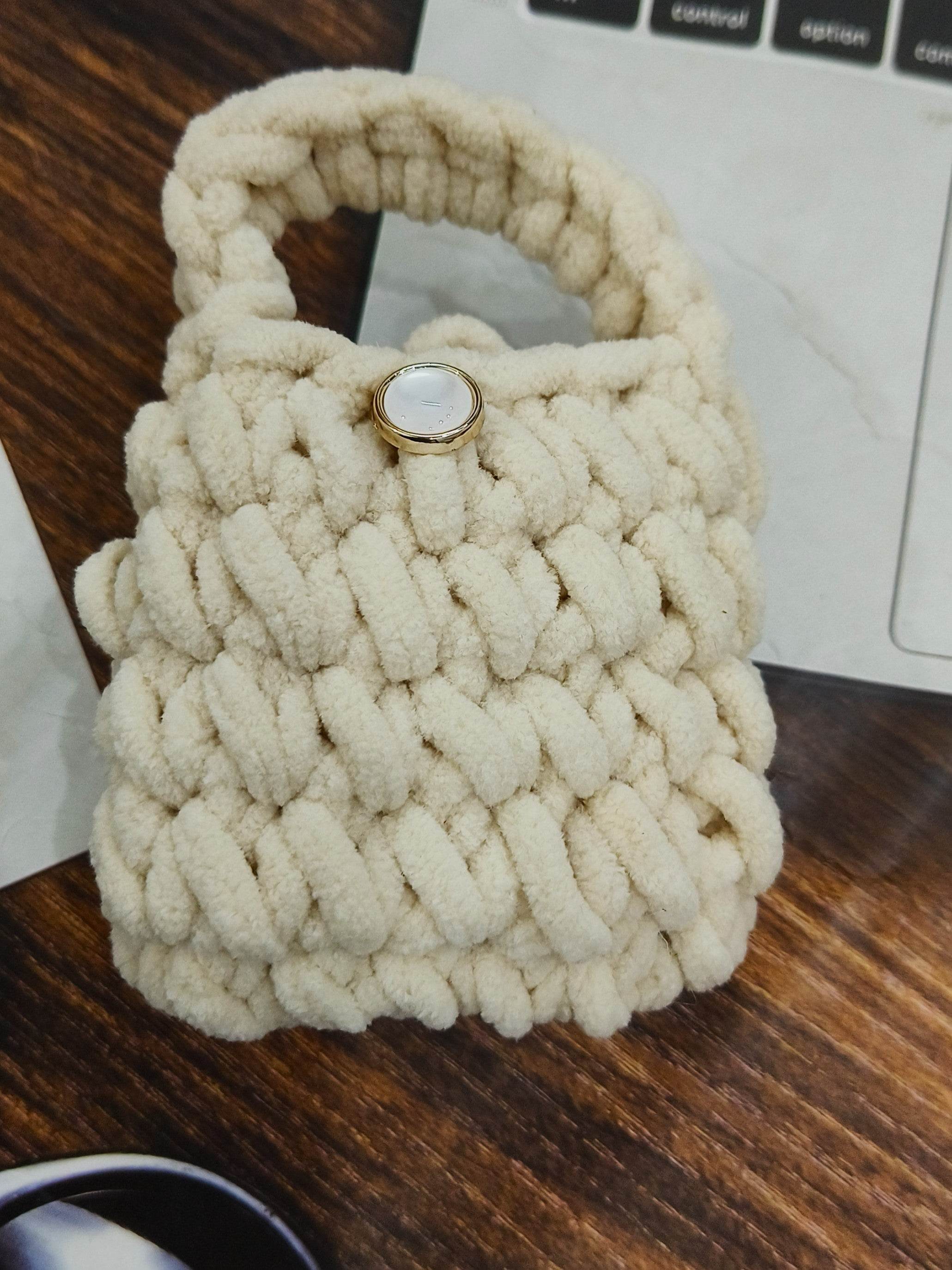 Universal Cartoon Accessories Crochet Bag Organizer Case Cover for Portable Charger, Cables, Earphone, Cord, SD Card -Cute Dog Cream - Guleel